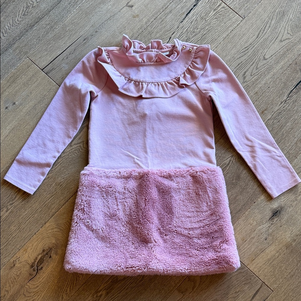 Janie & Jack Girls Pink Ruffle Neck Long Sleeve Dress with Faux Fur Skirt